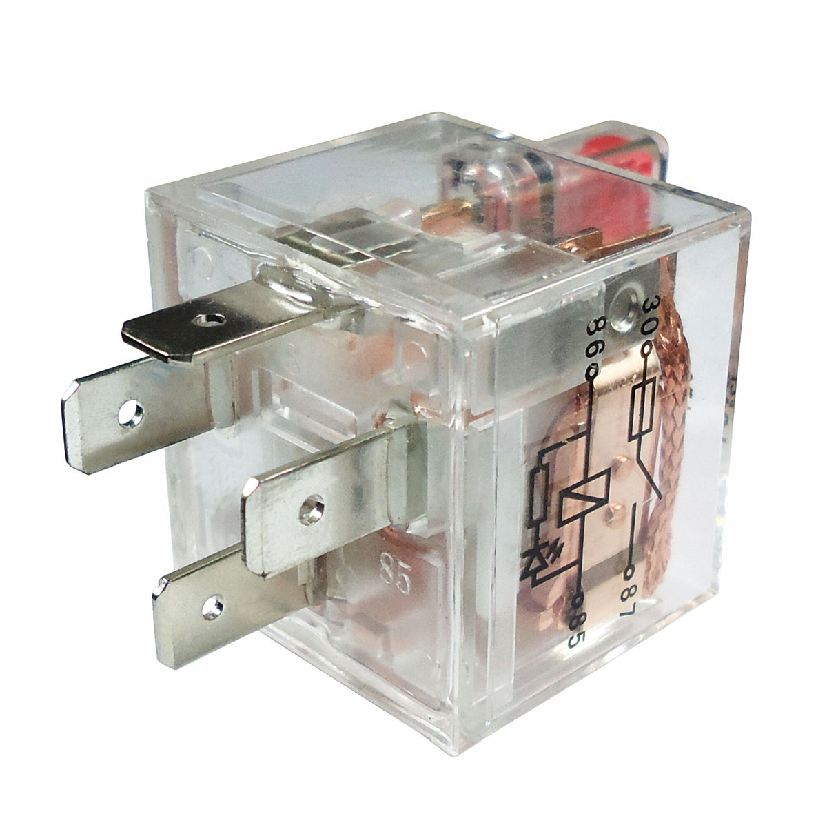 Relé aux inversor acrílico c/LED y fusible 40/30A 12V, 4 term.